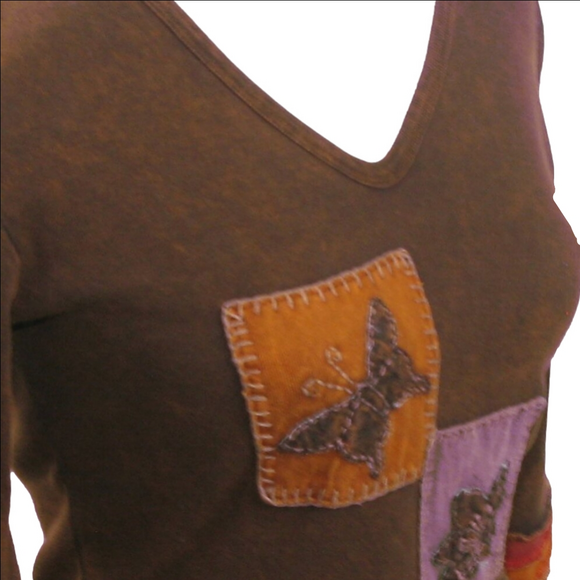 Studio Produce Boho Patch V-Neck Knit Top Size Small - Picture 2 of 6